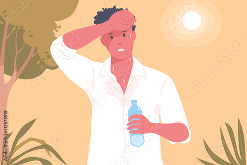 Man suffering from heat. A man with a bottle of water wipes sweat from his forehead. Hot summer. Global warming. Heatstroke symptoms. Vector illustration in flat cartoon style.