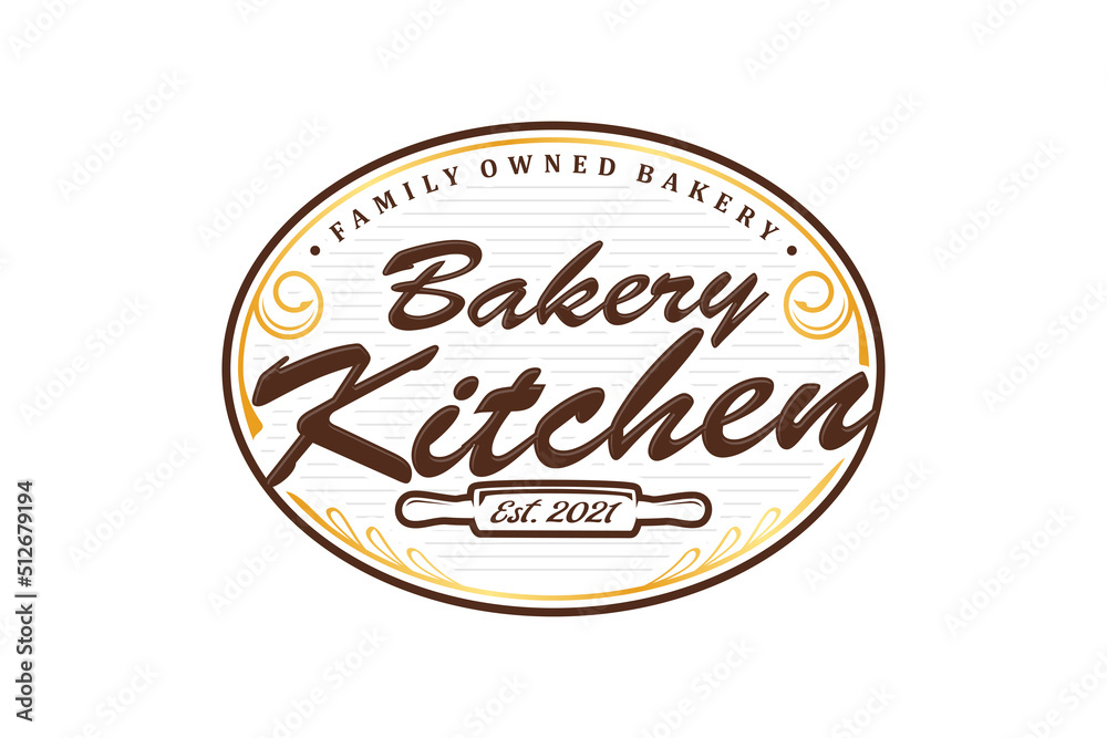 Bakery kitchen rolling pin logo design cake kitchen restaurant handmade vector oval shape