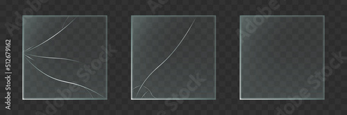 Glass plate realistic window mockup. Broken glossy Cracked window texture. Vector template on transparent background.