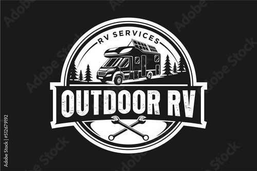 Silhouette RV logo with solar cell panel, recreational vehicle outdoor emblem spanner icon wrench repair service workshop