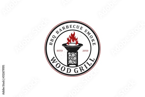 Standing BBQ stove logo design, rounded shape vintage badge style barbecue utensil tool grilling smoke icon