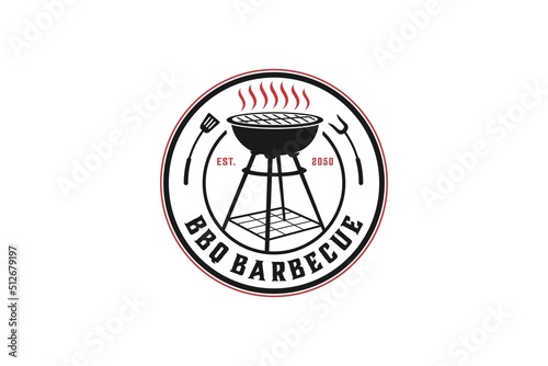 Standing BBQ stove logo design, rounded shape vintage badge style barbecue utensil tool grilling smoke icon