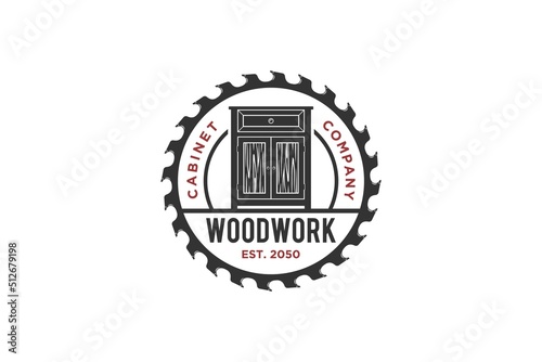 Cupboard cabinet logo wood work circular saw carpentry household workshop symbol vintage badge