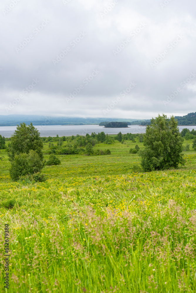 Panoramic view of Vlasina lake on cloudy day.