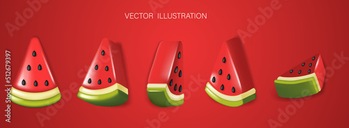 Set of 3d slices of watermelon on red background. Summer watermelon background.