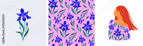 Feminine fashion concept illustration, beautiful women wearing dresses with floral patterns, seamless pattern and flower bouquet. Card, print and poster designs. 