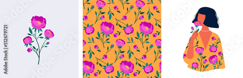 Feminine fashion concept illustration, beautiful women wearing dresses with floral patterns, seamless pattern and flower bouquet. Card, print and poster designs. 