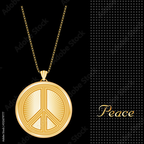Peace Symbol Gold Pendant Necklace, starburst design pattern, jewelry chain isolated on black background