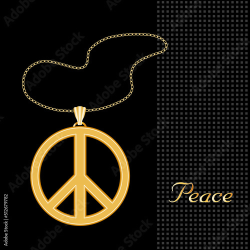Peace Symbol Gold Pendant Necklace, Jewelry Chain isolated on black background