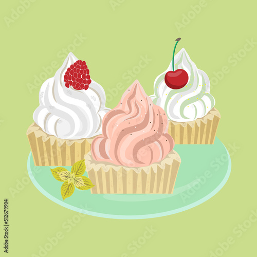 Cupcake with cherry on top and raspberries, with white and pink cream on a plate. Vector graphics