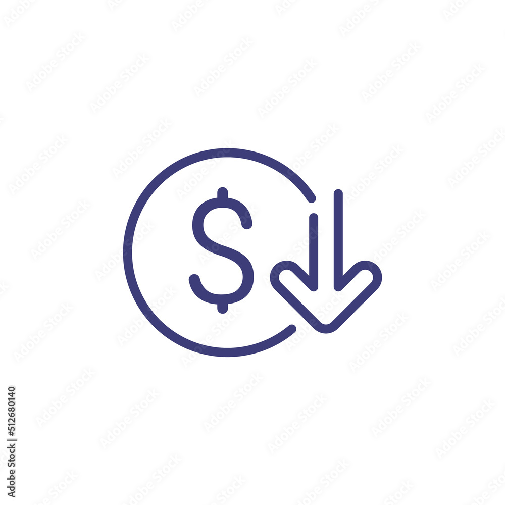 Cost reduction icon price lower arrow. Vector low cost money crisis line icon Cost reduction icon price lower arrow. Vector low cost money crisis line icon
