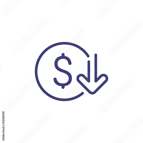 Cost reduction icon price lower arrow. Vector low cost money crisis line icon