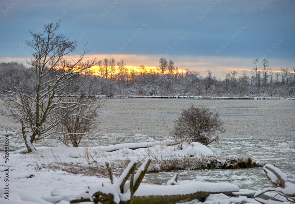 Fraser River Sunrise Snow. Early morning snow on the Fraser River, British Columbia.

