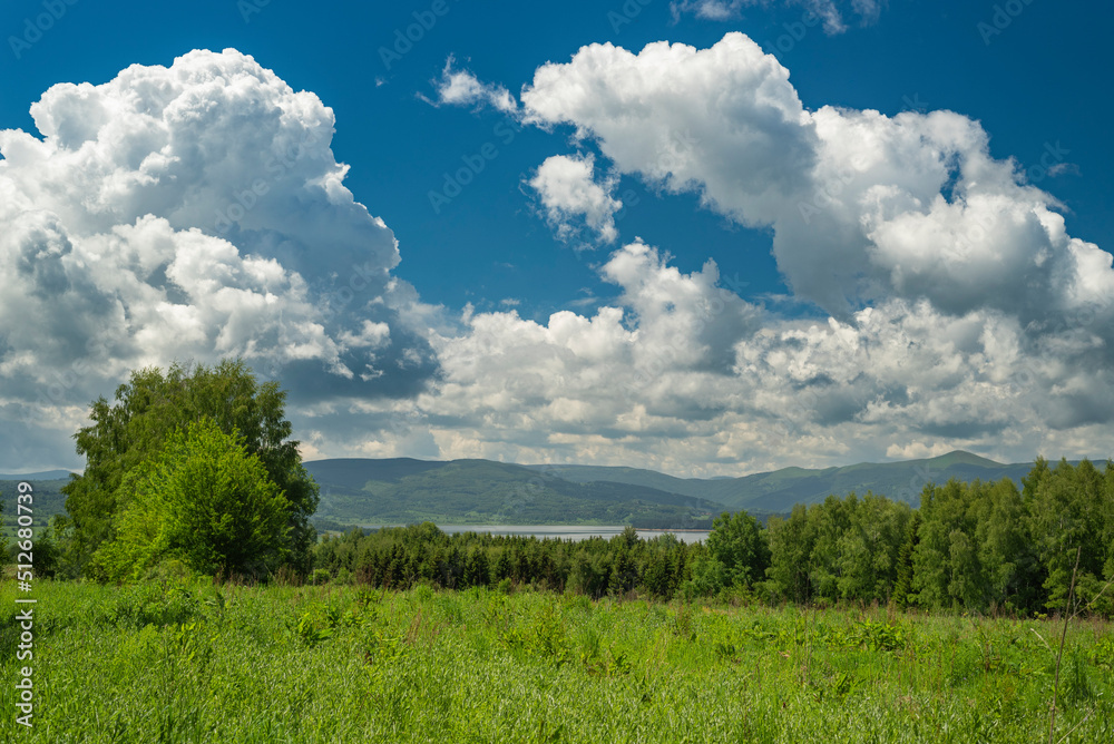 Panoramic view of Vlasina lake on cloudy day.