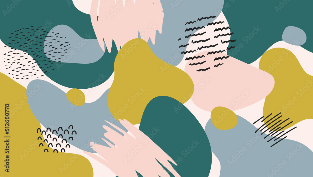 Fototapeta premium Modern abstract trendy hand drawn background in pastel colors. Colorful minimalist aesthetic banner template with copy space. Horizontal panorama vector illustration in popular minimal art style