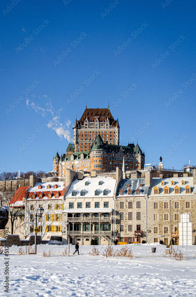 View of the most photographed hotel in the world, the Chateau Frontenac, from the Place des Canotiers, in winter, Quebec City, Canada