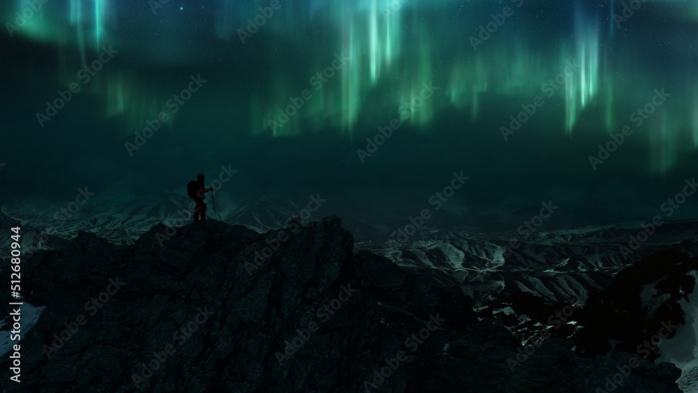 Man in silhouette watching polar lights from icy rock summit over snowy mountain panorama. Concept 3D illustration of dark twilight glacier landscape, wide ethereal aurora borealis nature background.