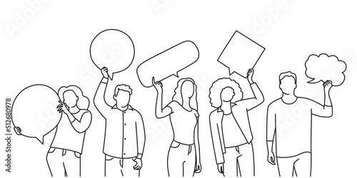 Line vector illustration of people holding signs  banner and placards