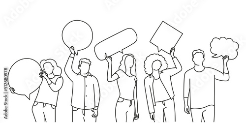 Line vector illustration of people holding signs, banner and placards