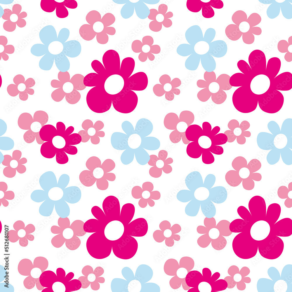 Seamless pattern, simple chamomile flowers in cartoon style. Vector illustration, no people. Bright, delicate colors of pink and blue on a white background.