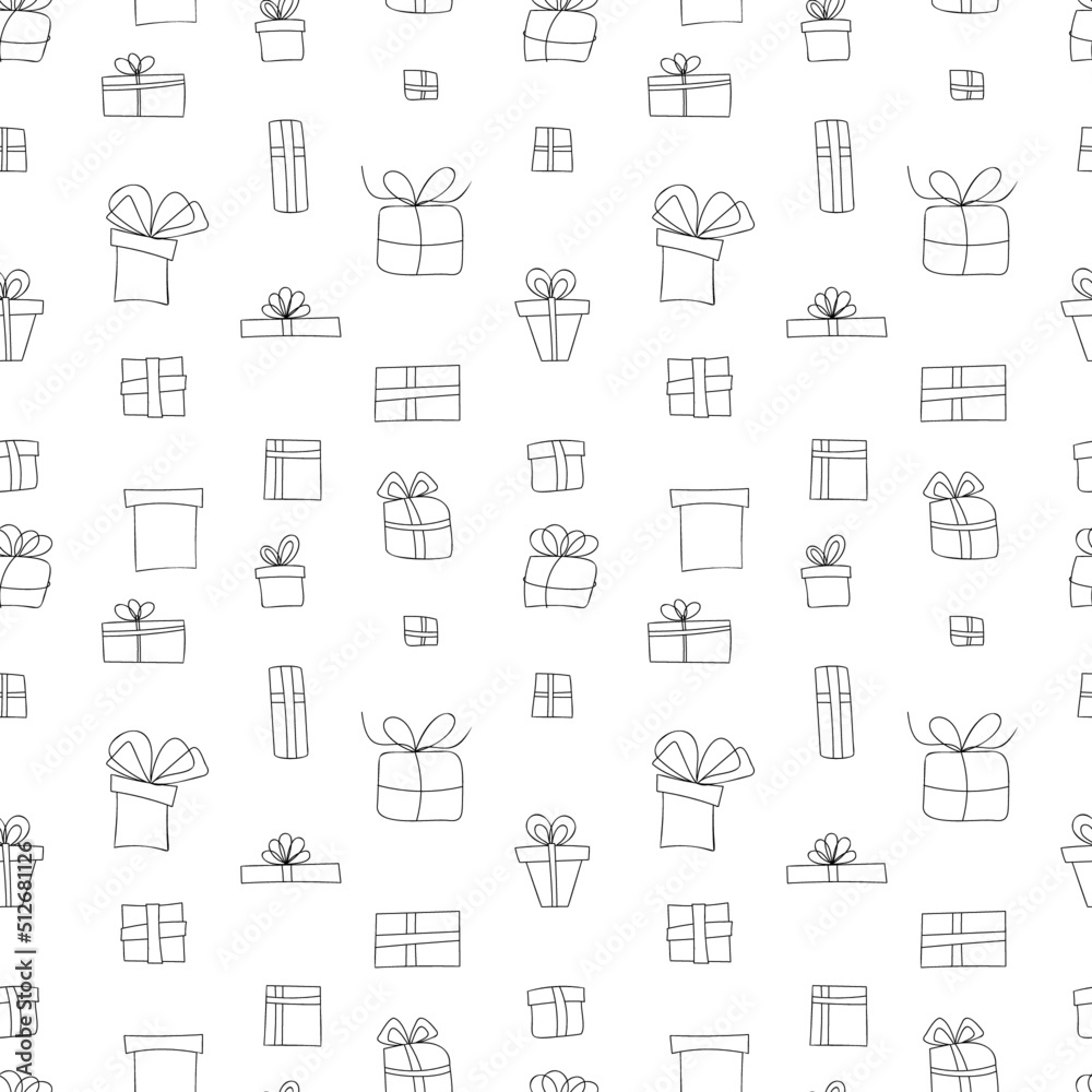 Vector seamless linear pattern of holiday boxes with bows, ribbons for gifts
