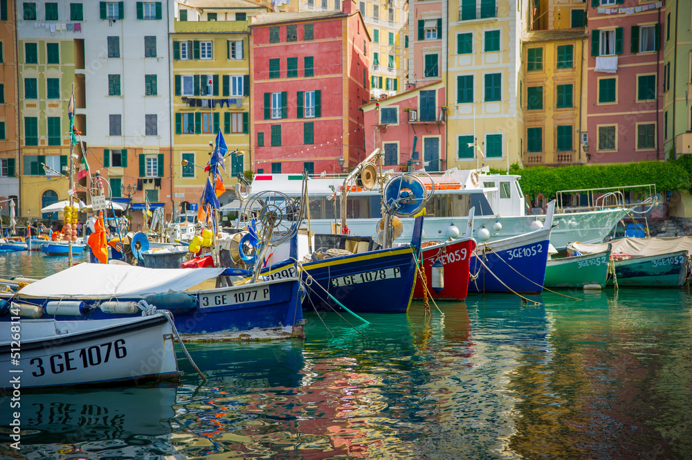 Camogli, a fishing village located on the west side of the peninsula of Portofino, on the Golfo Paradiso in the Riviera di Levante, in the Metropolitan City of Genoa, Liguria, Italy.
