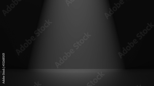 Black background and light from above. Dim lighting of a black dark room. 3D render.