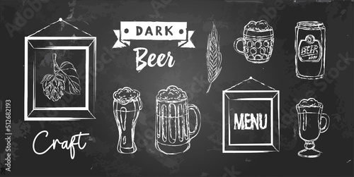 Vector set of beer with mugs, bottle, mail. Beer in a can. Illustration with frame, ribbon, hand written words. Craft beer on chalkboard. Objects by chalk isolated on blackboard. Drawings for pub menu
