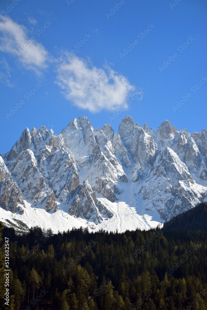 Alpine landscape in Innichen, South Tirol, with snow-capped mountains