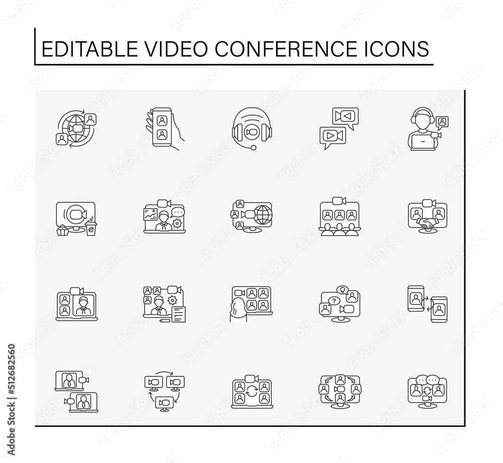 Video conference line icons set. Global communication. Job group conference. Calling concept. Isolated vector illustrations. Editable stroke