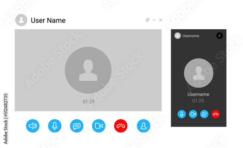 Virtual call video mockup icon. Videocall interface phone desktop conference screen template ui