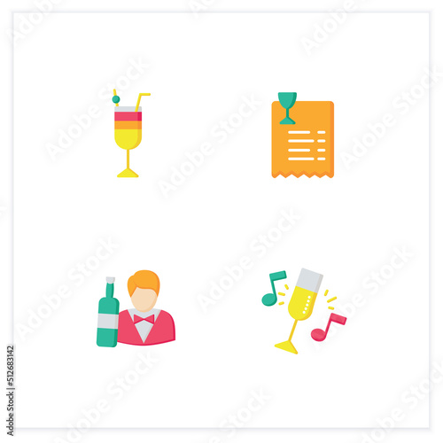 Bar flat icons set. Cocktail glass, barmen, home party, bill.Cocktail party and drinking establishment concept. 3d vector illustrations