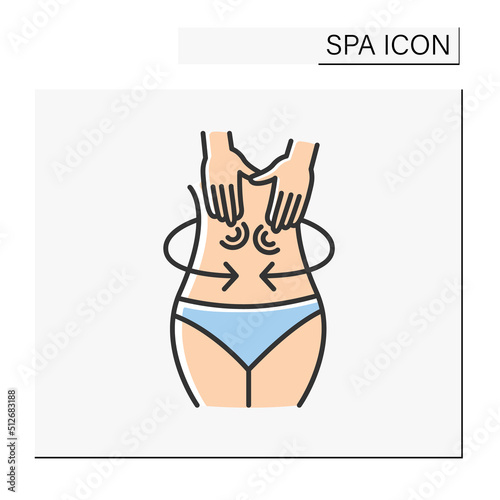 Beauty procedure color icon. Abdominal massage. Gentle massaging movement to relax muscles and improve health. Cosmetology. Spa concept. Isolated vector illustration