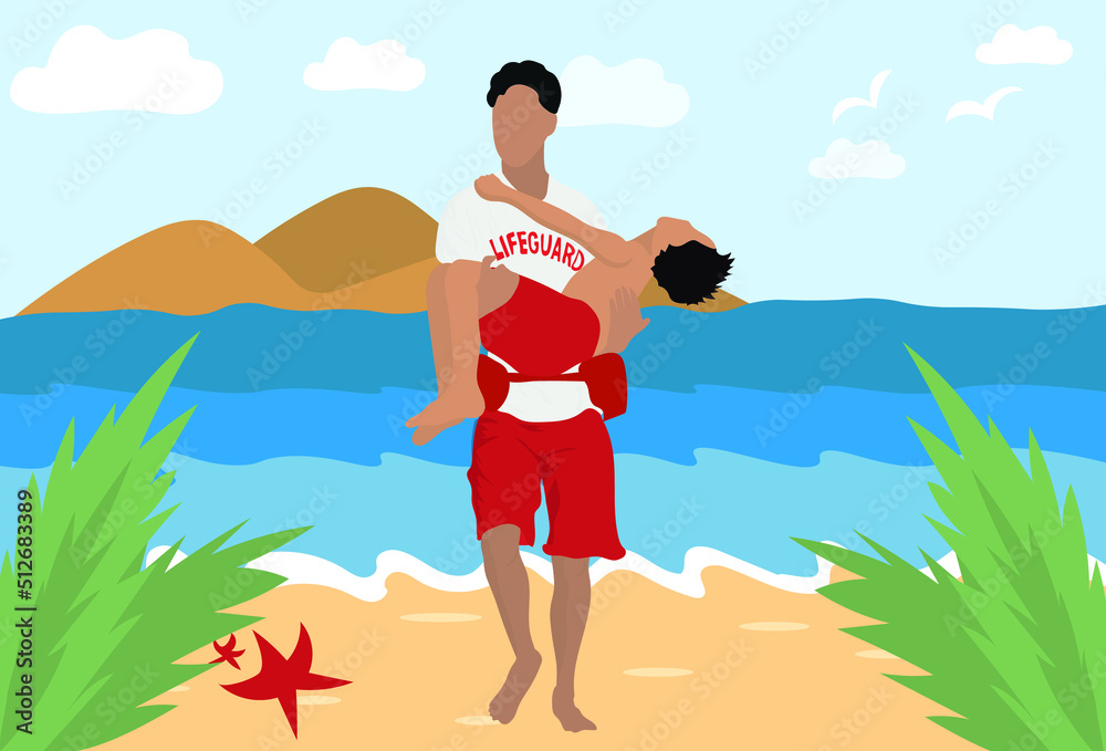 Male lifeguard saving boy on sea beach