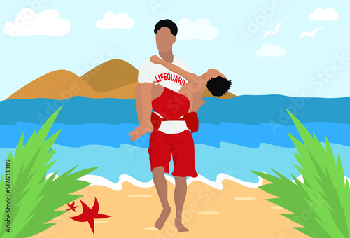 Male lifeguard saving boy on sea beach