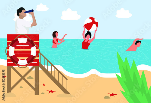 Male lifeguard looking at swimming people on sea beach through spyglass