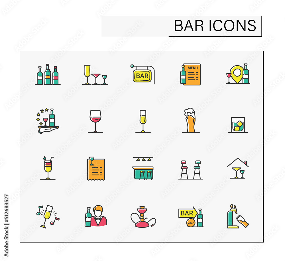 Naklejka premium Bar color icons set. Party drinks. Restaurant, night club, bar menu. Wine, whiskey, tequila or vodka bottles. Cocktail party and drinking establishment concept. Isolated vector illustrations