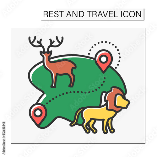 Adventure color icon. Dangerous trip to savanna or tundra. Journey to different continents. Leisure time. Extreme. Rest and travel concept. Isolated vector illustration