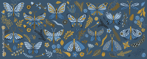 Set of butterflies and flowers. Design for packaging, label and greeting card.