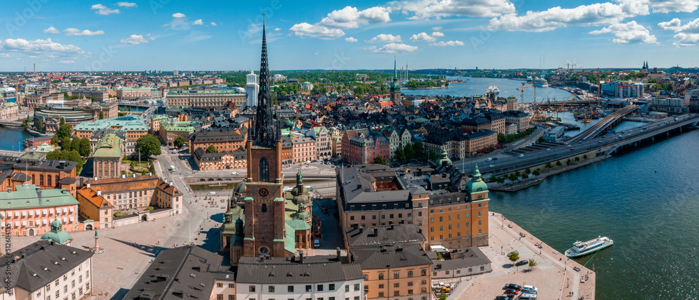 Aerial panoramic view of the old Town, Gamla Stan, in Stockholm. Beautiful Sweden during summer time.