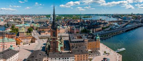 Aerial panoramic view of the old Town, Gamla Stan, in Stockholm. Beautiful Sweden during summer time.