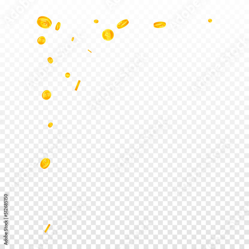 Bitcoin, internet currency coins falling. Admirable scattered BTC coins. Cryptocurrency, digital money. Memorable jackpot, wealth or success concept. Vector illustration.