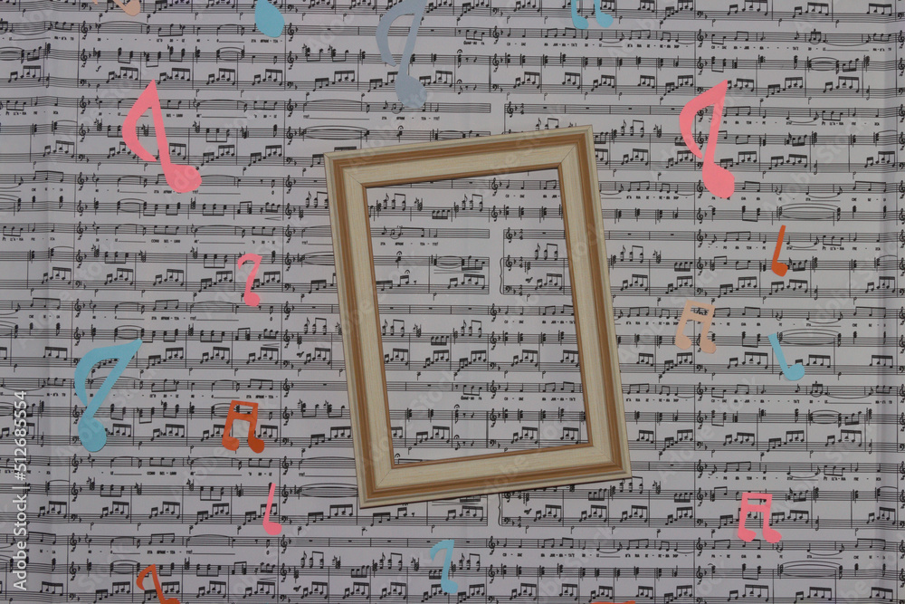 wooden frame with colorful notes around, frame as copy space, creative art design