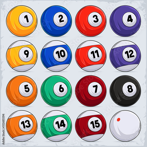 Hand drawn Full Set of 16 Billiards Balls for Pool Tables, Includes Eight Ball and White Cue Ball