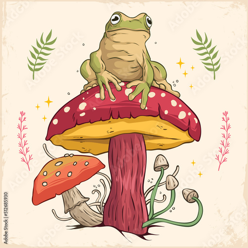 Tableau sur toile Hand drawn Cottagecore Aesthetic Goblincore Frog sitting on Mushroom, Cottage co