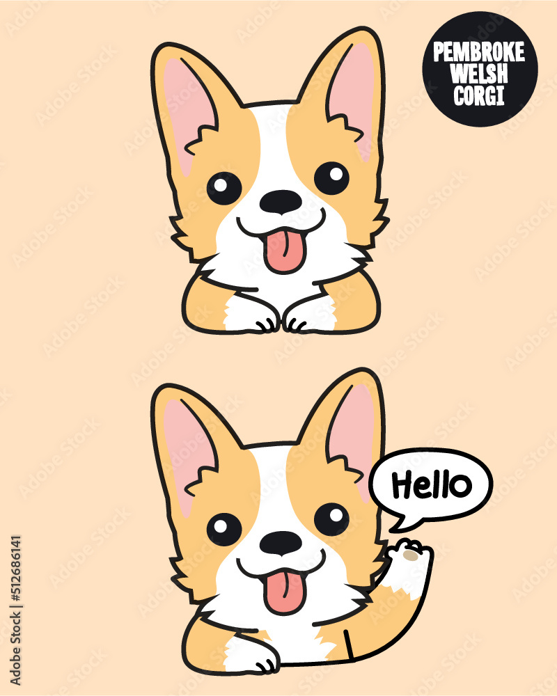 Corgi puppy dog with a smile and hello action. 2D cute cartoon character design in flat style. 