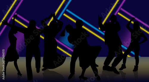 Vector background, original graphic wallpaper. Disco, everyone is dancing. Young people dance in a darkened hall lit by neon lights.