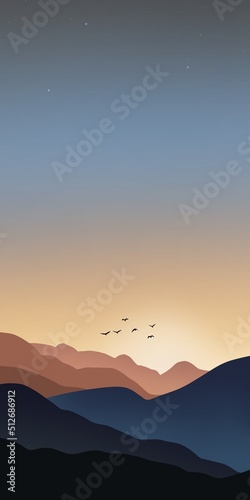 Hand drawn simple illustration of landscape with hills, yellow blue sky and birds