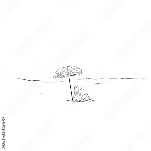 Sketch of a young woman sitting near the sea. Simple background