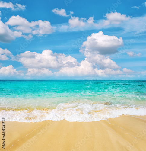 Fototapeta Naklejka Na Ścianę i Meble -  Sand beach turquoise sea cloudy blue sky Summer travel background